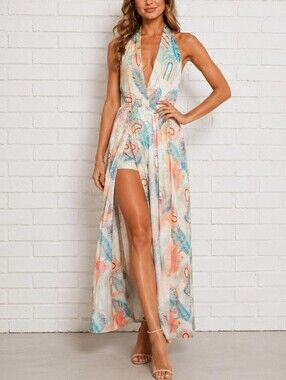 CBR Halter Maxi Romper Dress Tropical Beach Vacation Summer Dress